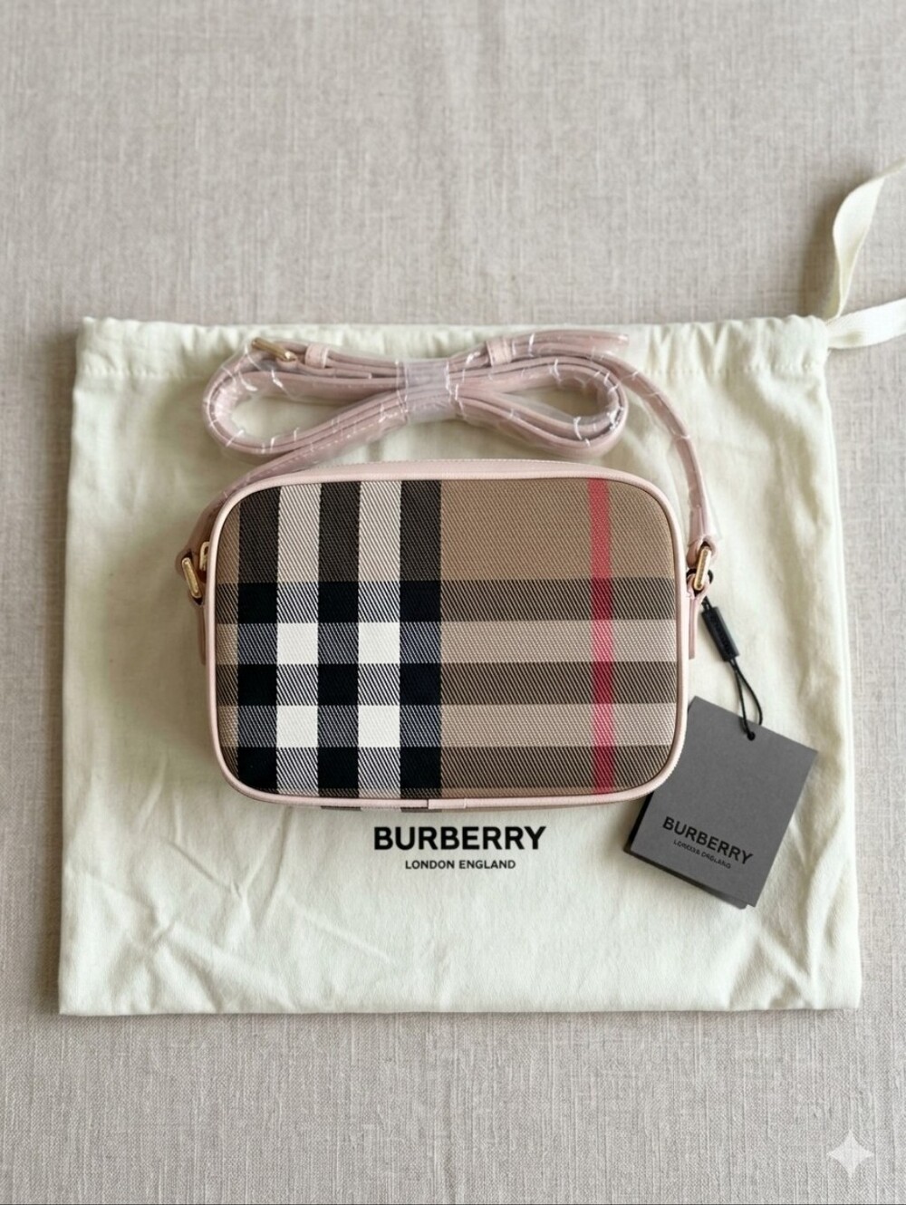 Burberry House Check Canvas & Leather Camera Bag - Pale Cameo Pink NWT